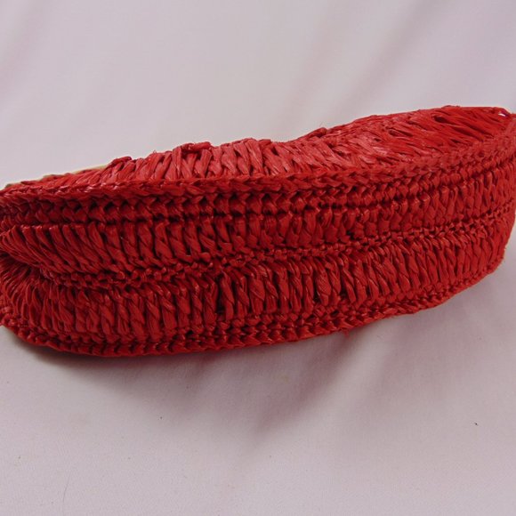 Red Woven Raffia Clutch Bag w/Bamboo Handles - Vintage - Picture 5 of 9